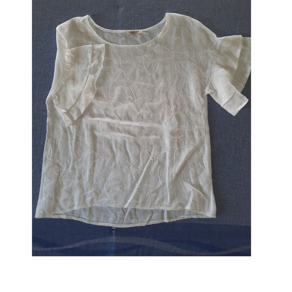 Valentina Naldi White Pure Linen Embroidered Ruffle Sleeve Blouse Top Italy Made